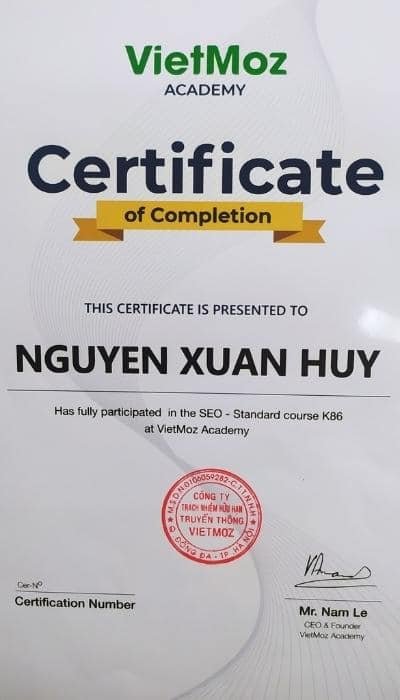 Chứng chỉ SEO từ Trung tâm Đào tạo SEO Vietmoz